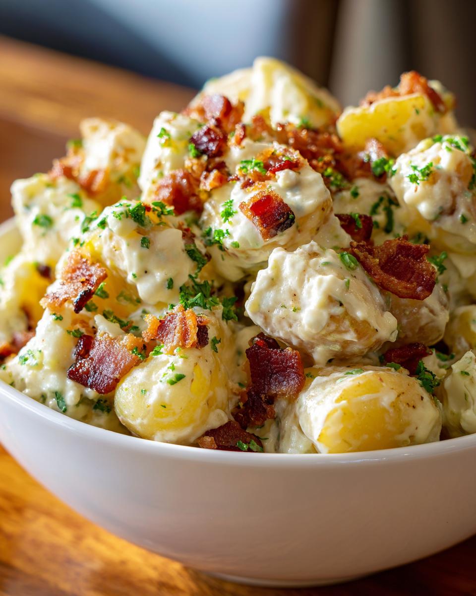 Close-up of creamy Bacon Ranch Potato Salad topped with crispy bacon bits and fresh parsley in a white bowl.