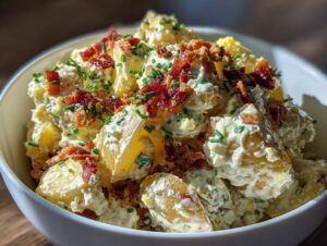 Close-up of creamy Bacon Ranch Potato Salad topped with crispy bacon bits and fresh chives in a white bowl.