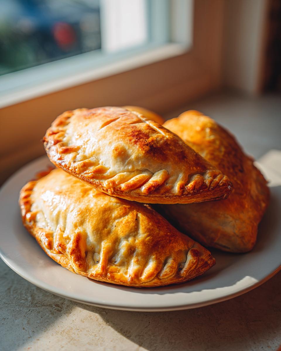 Three golden-brown, freshly baked beef empanadas stacked on a light plate near a window.