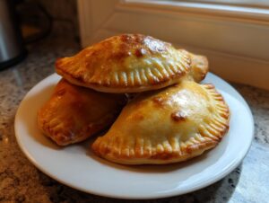 A stack of four golden-brown, freshly baked beef empanadas with crimped edges resting on a white plate.