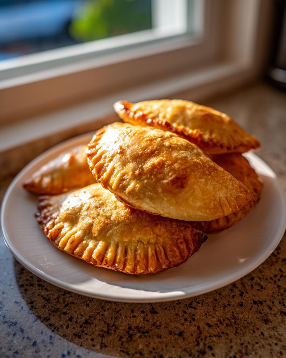 Four golden-brown, baked beef empanadas piled on a white plate near a window.