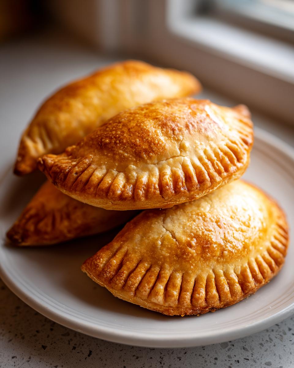A close-up of several golden-brown, flaky baked beef empanadas stacked on a light gray plate.