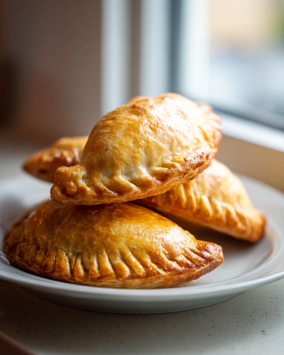 Close-up of several golden-brown baked beef empanadas stacked on a white plate near a window.