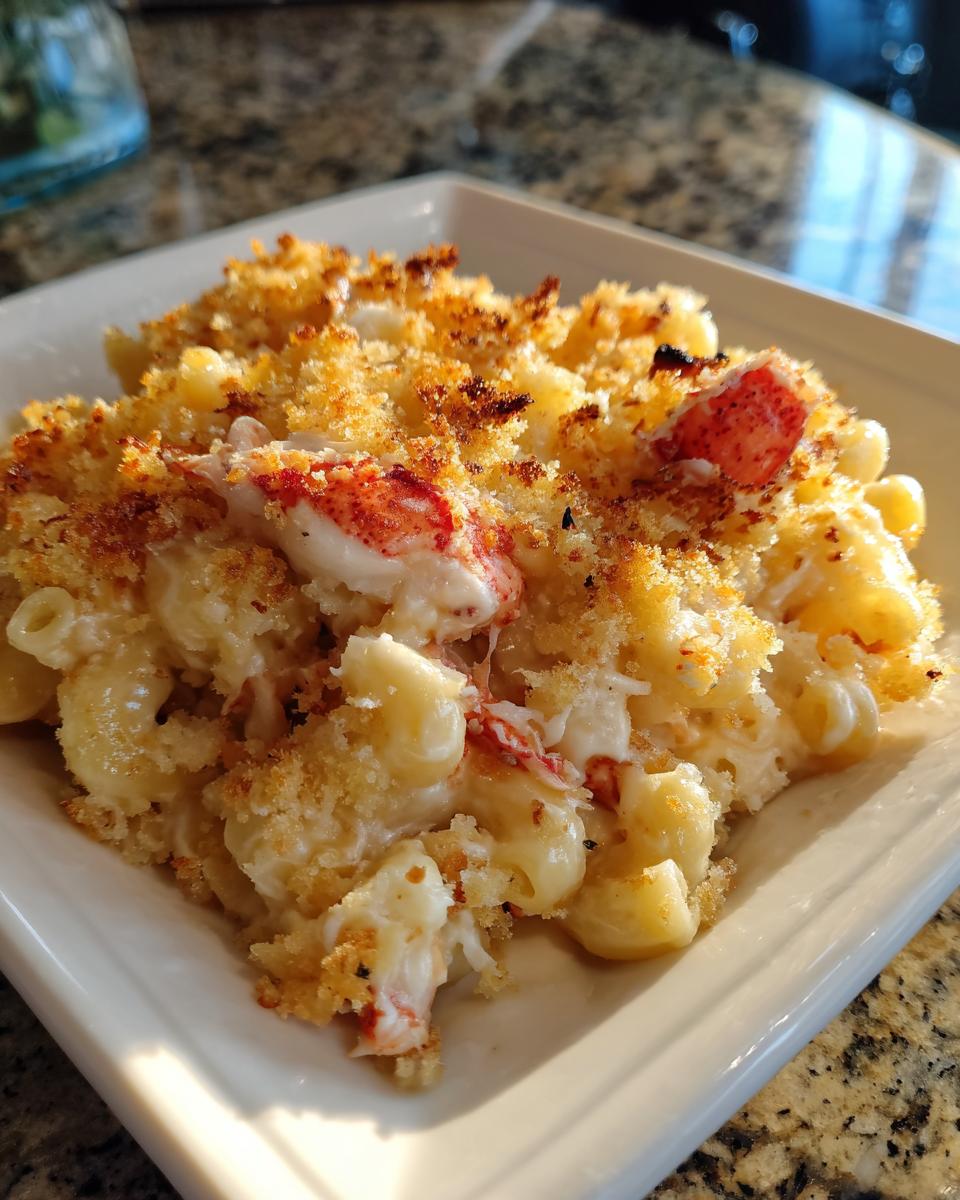 A close-up of a serving of creamy Lobster mac and cheese topped with golden brown breadcrumbs.
