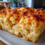 Close-up of a rich, creamy slice of baked Lobster mac and cheese with a golden-brown, crispy topping.