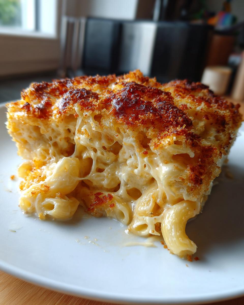 A close-up of a rich, gooey slice of baked mac and cheese showing the cheese pull and crispy breadcrumb topping.