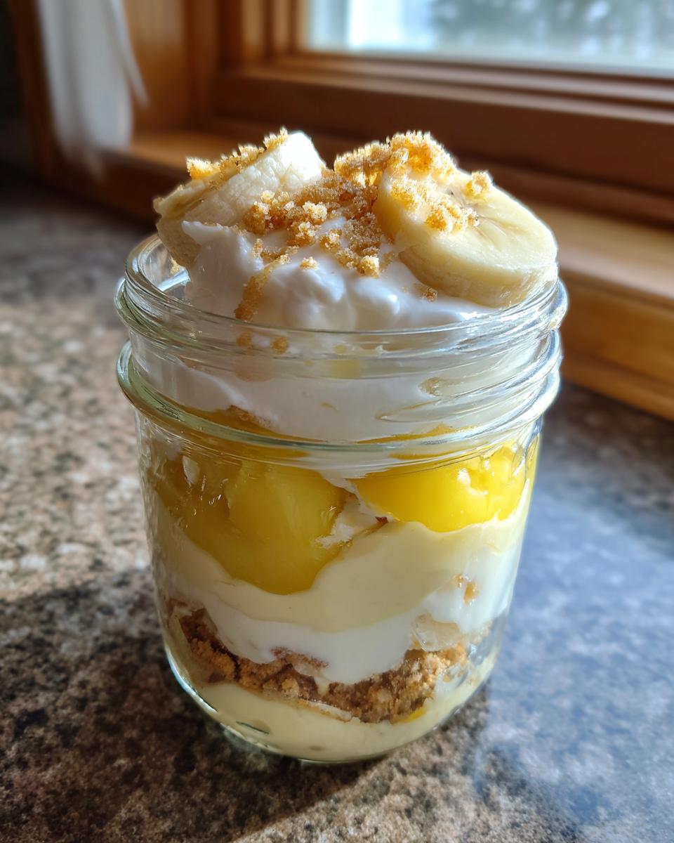 Close-up of a layered banana pudding parfait in a small mason jar, topped with whipped cream and banana slices.