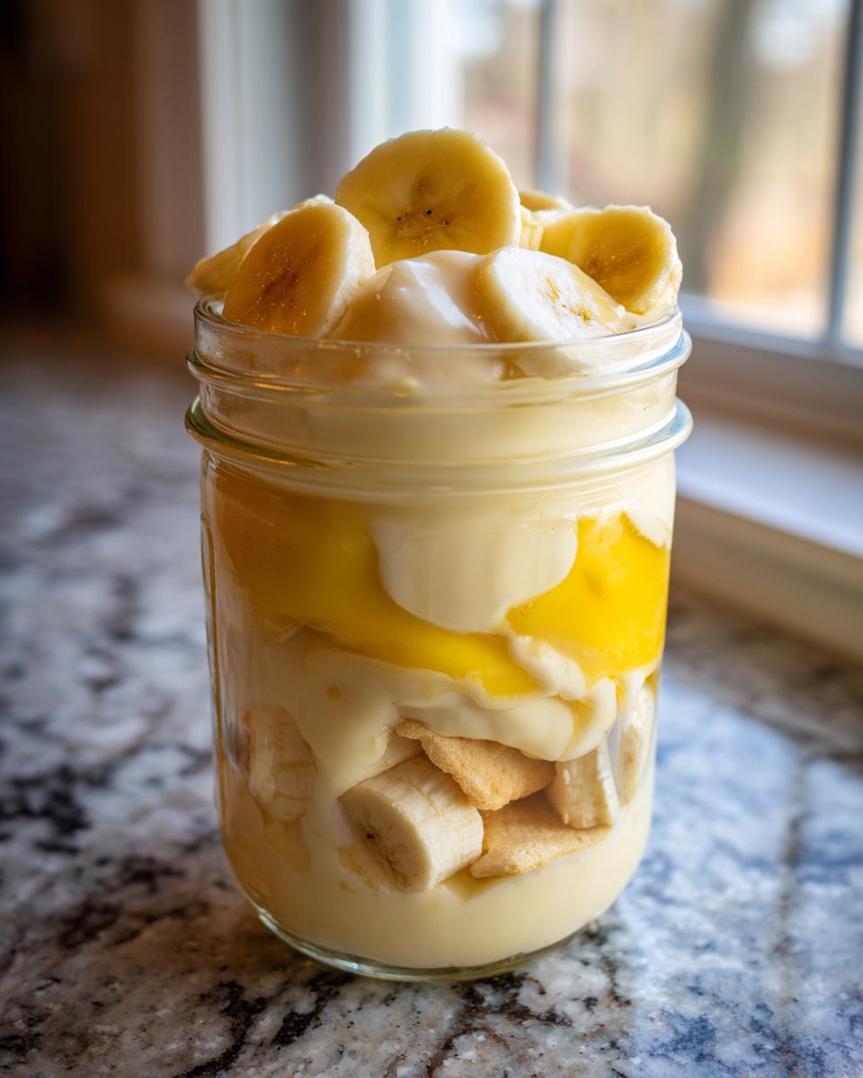 Close-up of a layered banana pudding parfait in a mason jar with vanilla pudding, bananas, and wafers.