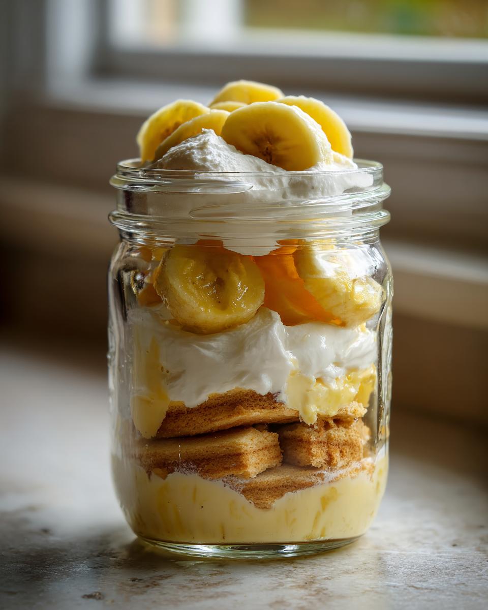 A close-up of a layered banana pudding parfait in a glass mason jar, featuring pudding, wafers, and fresh banana slices.