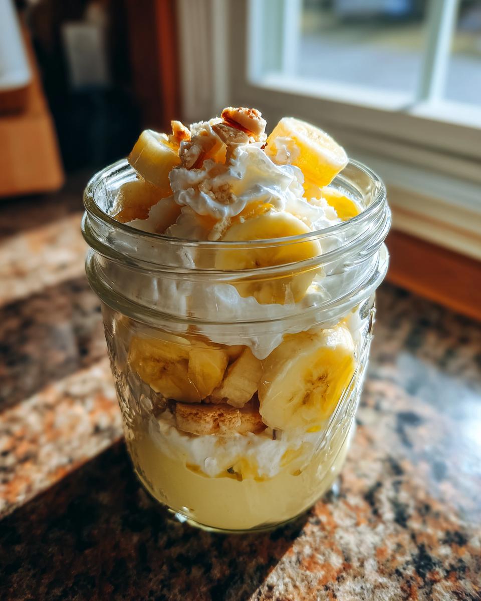 A delicious banana pudding parfait layered in a glass jar with pudding, bananas, whipped cream, and nuts.