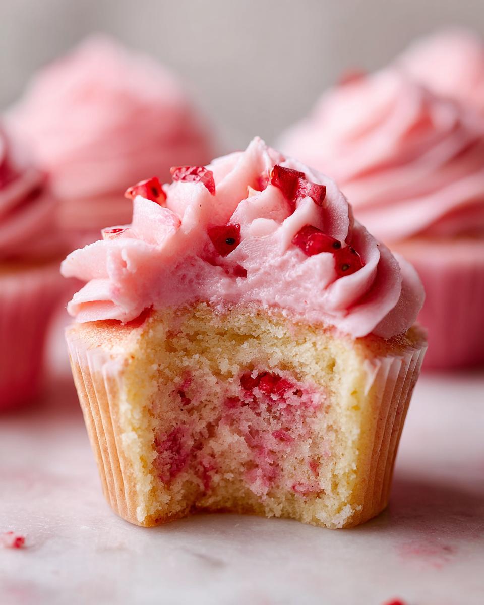 Close-up of a bitten strawberry cupcake showing the moist cake interior with strawberry pieces and topped with pink strawberry frosting.