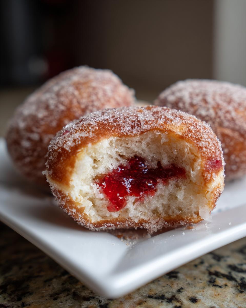 Close-up of a bitten strawberry jelly donut showing bright red filling and a sugar coating.