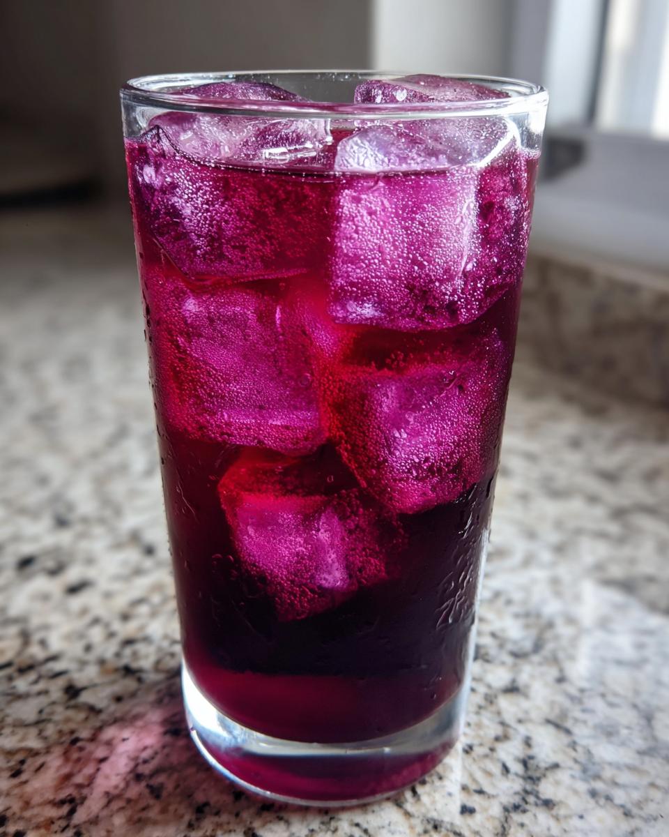 Close-up of a tall glass filled with vibrant purple Blackberry sage tea and large ice cubes.