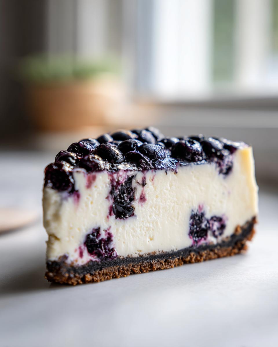A close-up shot of a thick slice of creamy Blueberry Cheesecake with a dark crust and blueberry topping.