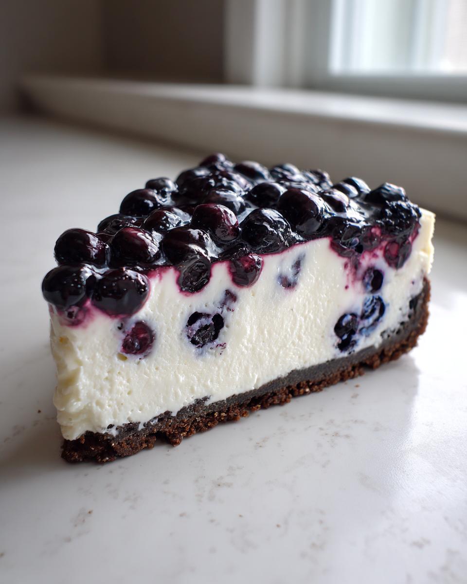 A perfect slice of rich Blueberry Cheesecake with a dark crust and glossy blueberry topping.