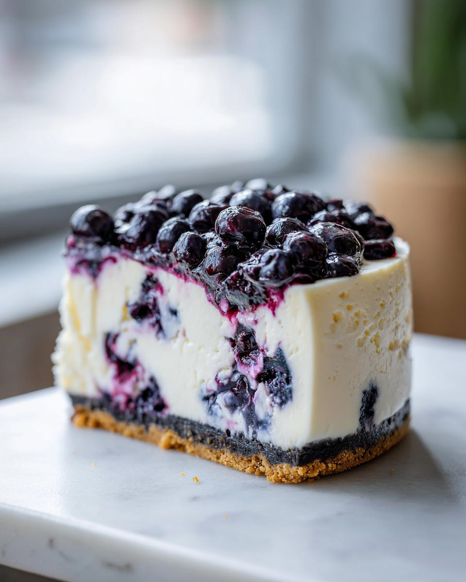 A perfect slice of creamy Blueberry Cheesecake with a thick layer of dark blueberries on top, resting on a marble surface.