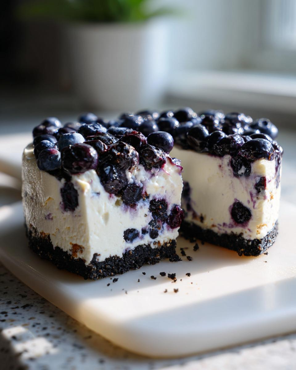 A rich slice of no-bake Blueberry Cheesecake featuring a thick, dark chocolate crust and topped generously with fresh and cooked blueberries.