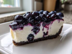 A close-up of a rich slice of blueberry cheesecake featuring a dark crust, creamy white filling, and a generous topping of whole blueberries.