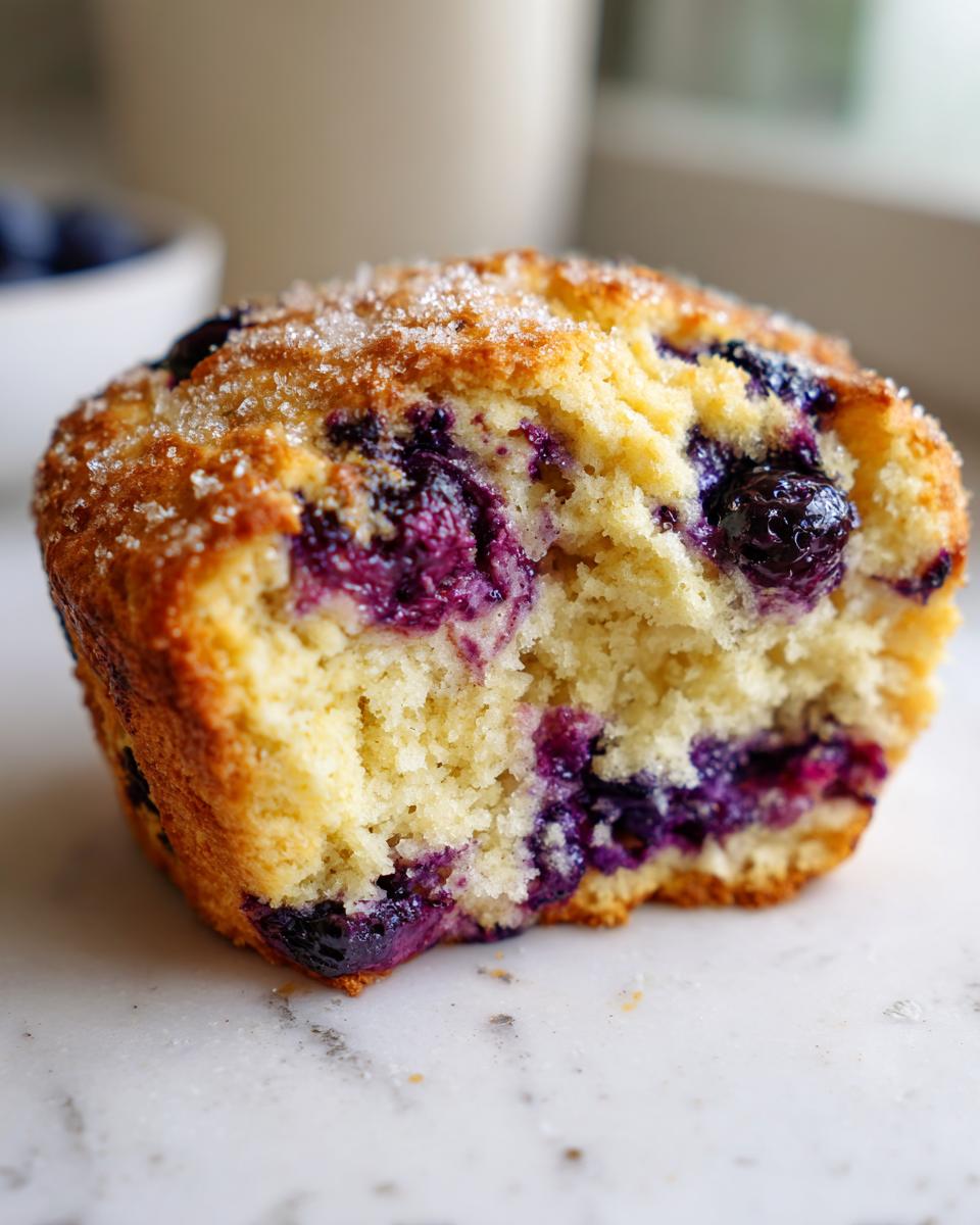 A close-up of a freshly baked Blueberry cream scone, showing the moist interior packed with blueberries and a coarse sugar topping.