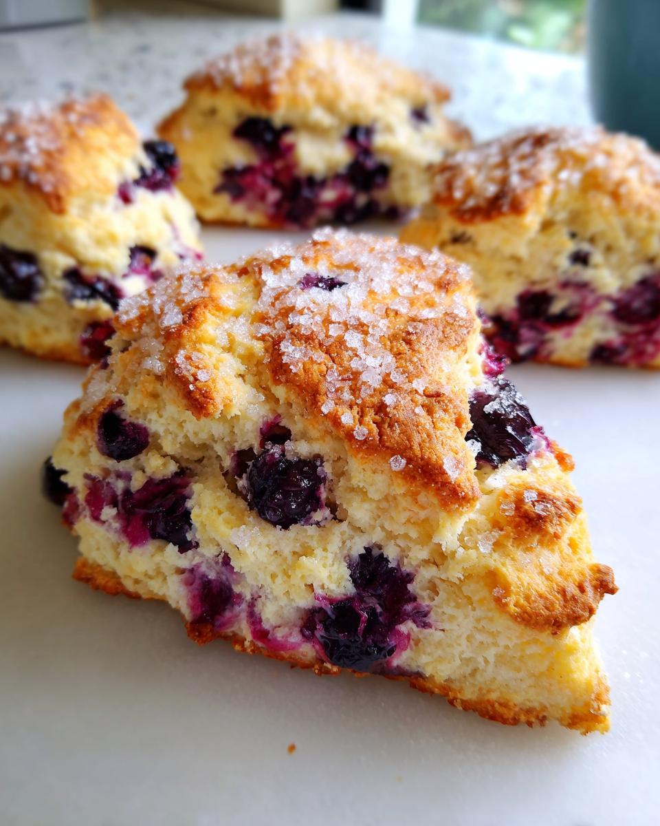 A close-up of a freshly baked Blueberry cream scone, studded with dark blueberries and topped with coarse sugar crystals.
