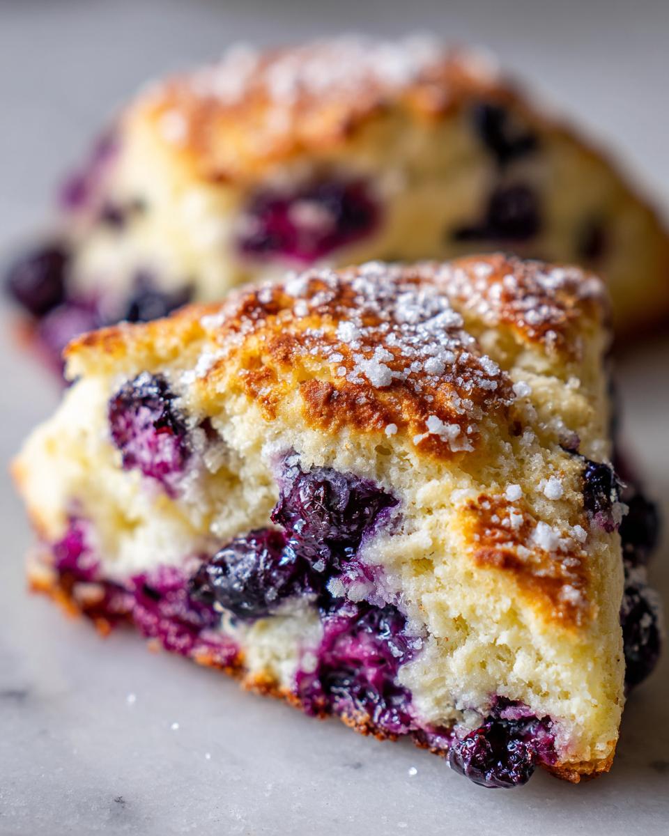 A close-up, cross-section view of a freshly baked Blueberry cream scone, topped with coarse sugar.