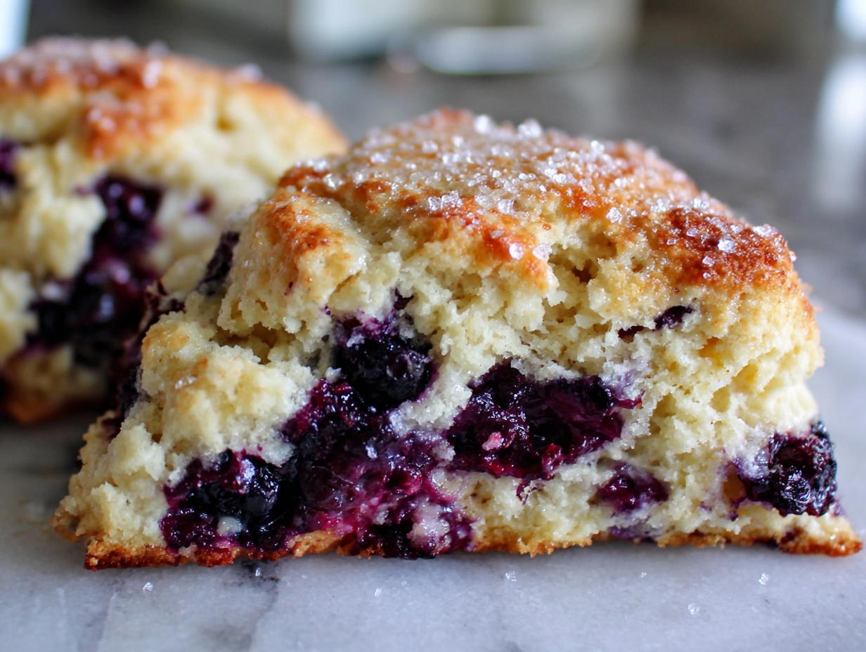 A close-up cross-section of a moist Blueberry cream scone, studded with dark blueberries and topped with coarse sugar.
