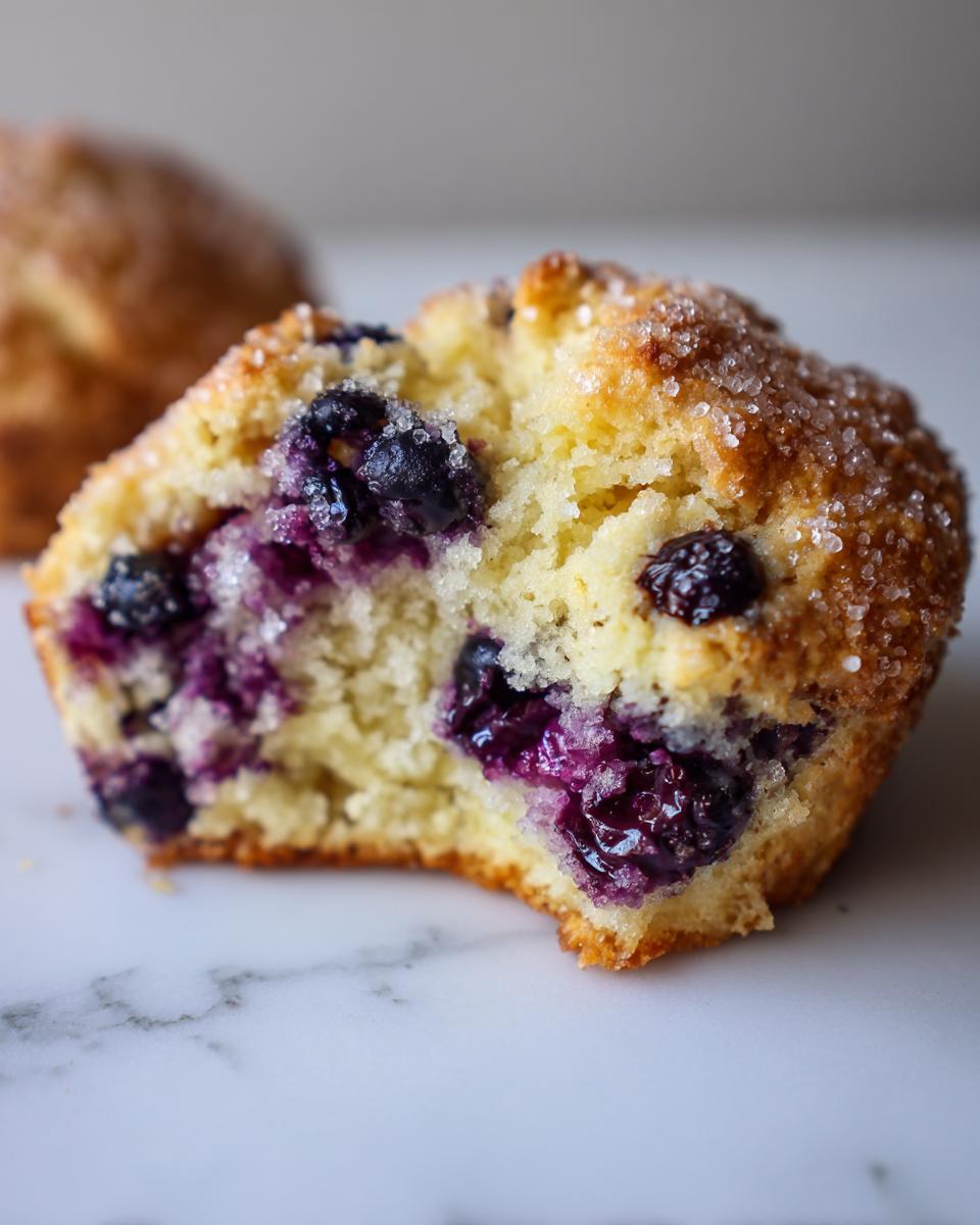 Close-up of a Blueberry cream scone broken in half, showing moist interior filled with blueberries and topped with coarse sugar.
