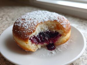 Close-up of a soft, powdered sugar-dusted Blueberry jam donut with a bite taken out, revealing rich, oozing blueberry filling.