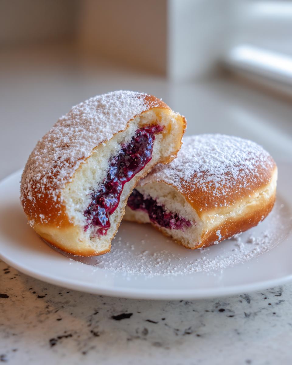 A blueberry jam donut cut in half, revealing rich purple filling, dusted heavily with powdered sugar.