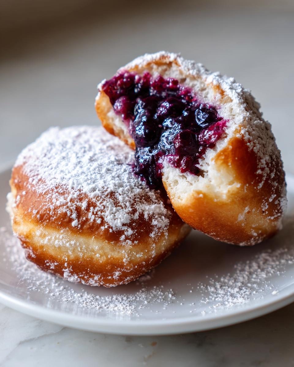 A close-up of a fluffy Blueberry Jam Donut cut in half, showing rich blueberry filling and dusted heavily with powdered sugar.