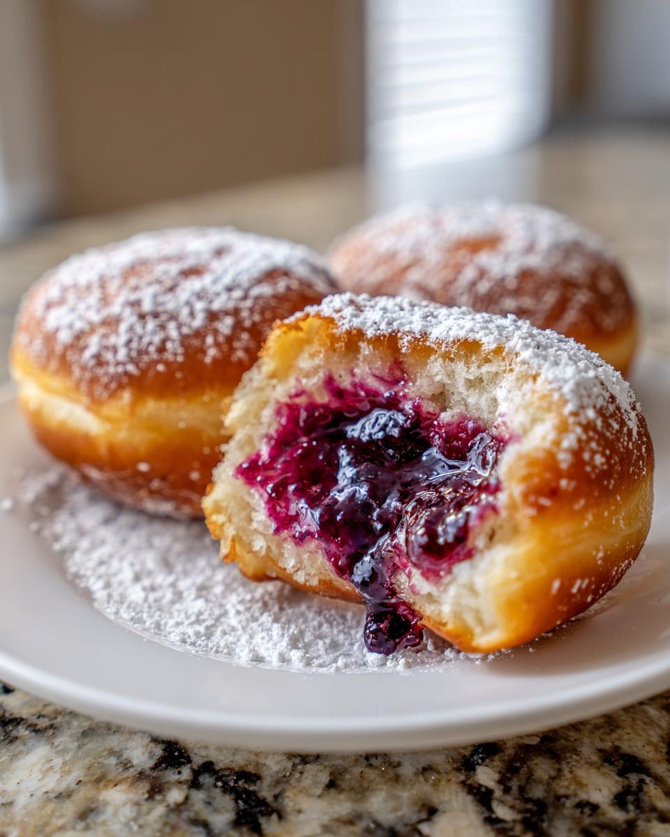 A close-up of a fluffy Blueberry jam donut, cut open to show the rich purple filling oozing out, dusted with powdered sugar.