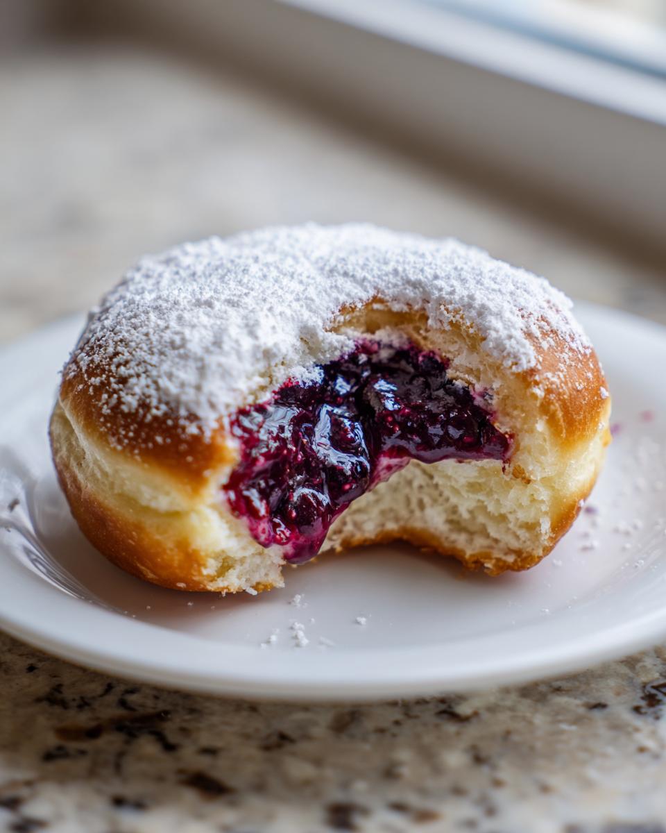 A bite taken out of a fluffy, powdered sugar-dusted Blueberry jam donut, revealing rich, dark blueberry filling.