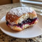 A bite taken out of a fluffy Blueberry jam donut, generously dusted with powdered sugar, revealing the dark purple filling.