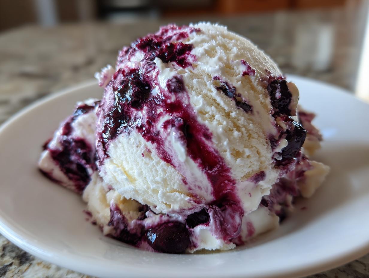 Close-up of a scoop of vanilla ice cream generously swirled with rich, dark blueberry sauce, showcasing the Blueberry swirl ice cream.