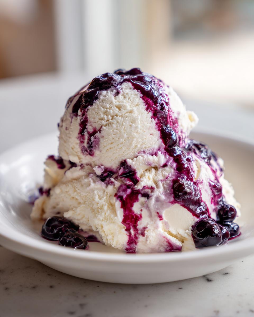 Two scoops of vanilla Blueberry swirl ice cream topped with a rich, dark purple blueberry sauce and whole berries.