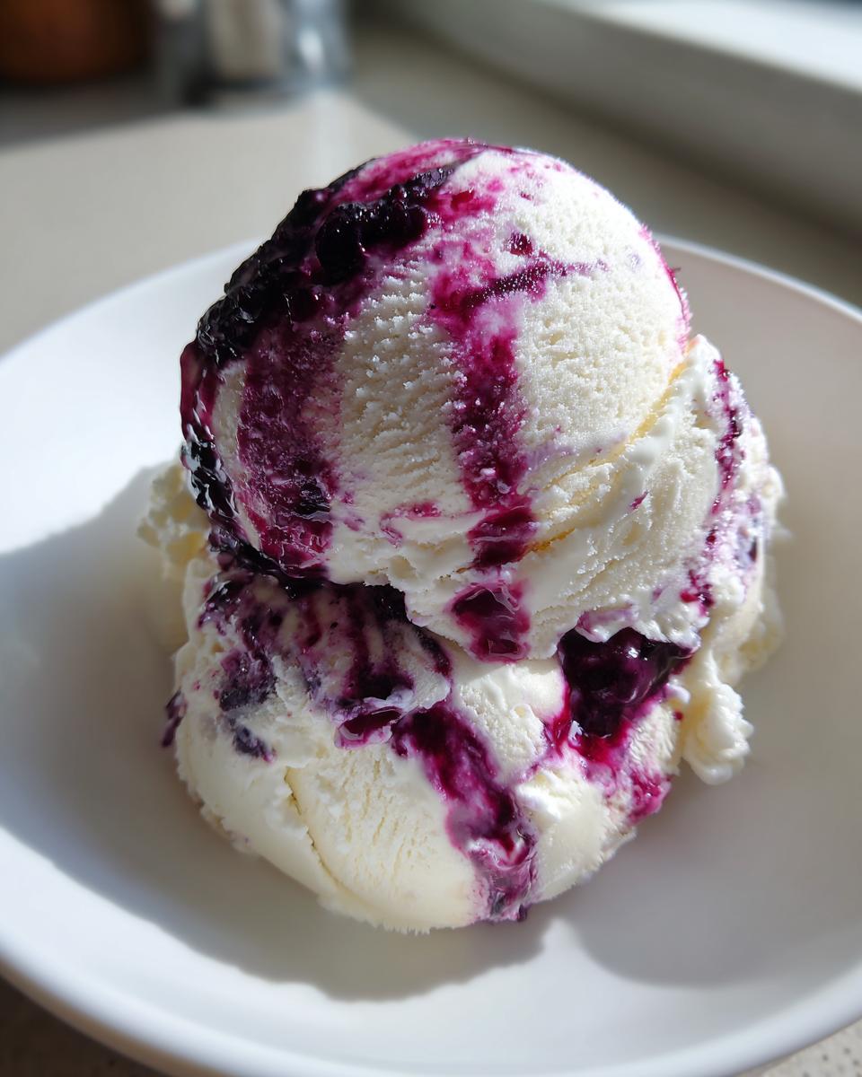 Two scoops of creamy vanilla Blueberry swirl ice cream topped with a rich, dark purple blueberry sauce.