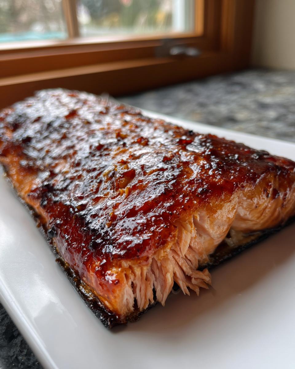 A close-up of a perfectly cooked fillet of Bourbon glazed salmon with a dark, sticky glaze on a white plate.