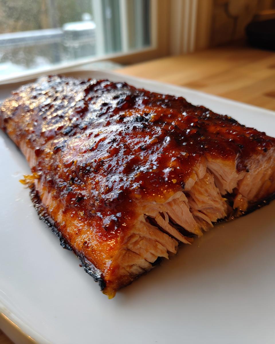 Close-up of a flaky, perfectly cooked Bourbon glazed salmon fillet on a white plate.