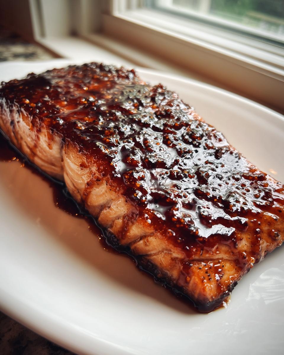 A close-up of a thick salmon fillet covered in a thick, dark, glistening Bourbon glazed salmon sauce.