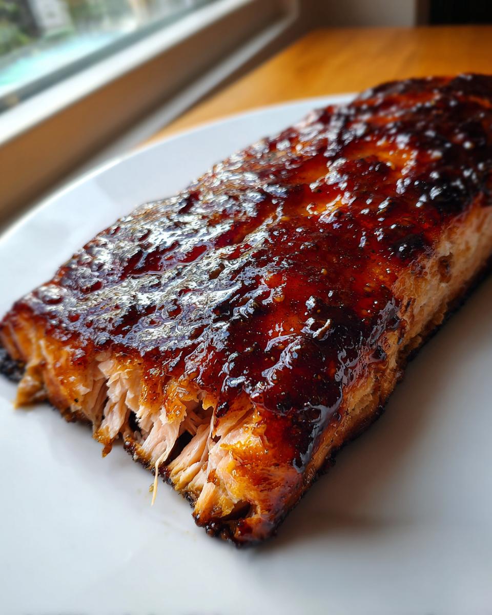Close-up of a flaky, cooked salmon fillet covered in a thick, shiny Bourbon glazed salmon sauce on a white plate.