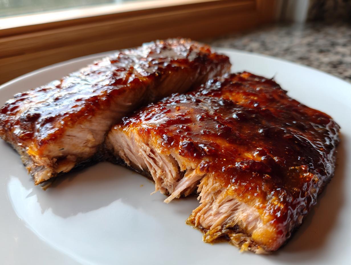 Close-up of two flaky pieces of Bourbon glazed salmon resting on a white plate, showing the thick, shiny glaze.