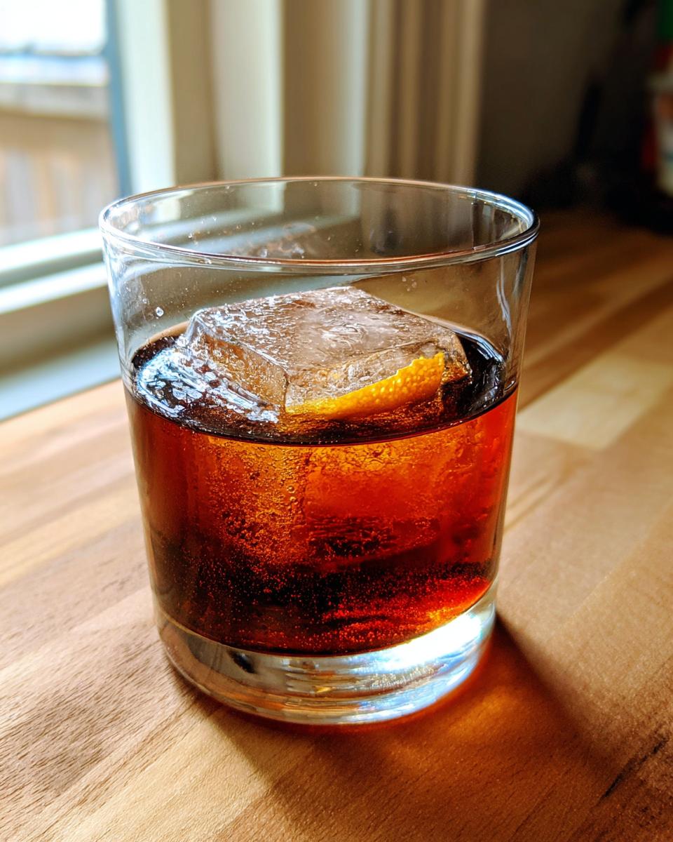A close-up of a Bourbon old fashioned cocktail in a rocks glass with a large ice cube and orange peel garnish.