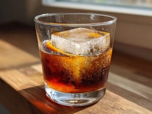 A close-up of a Bourbon old fashioned cocktail in a rocks glass, featuring a large ice cube and an orange peel garnish.