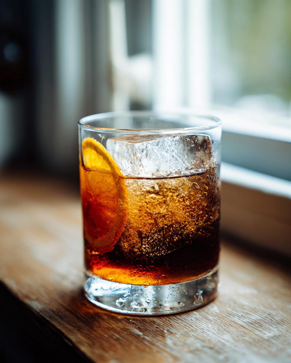 A close-up of a Bourbon old fashioned cocktail served on the rocks with a large ice cube and an orange slice garnish.