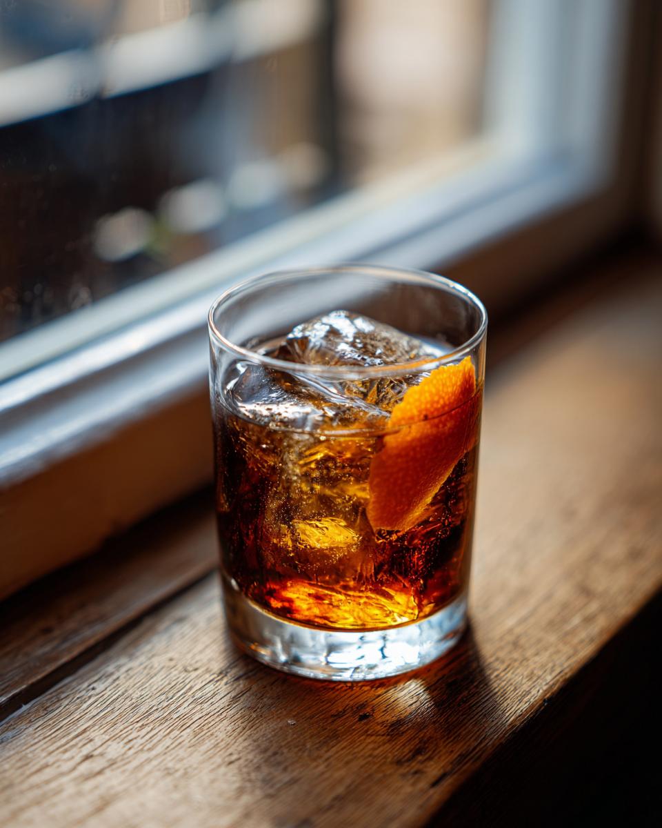A close-up of a Bourbon old fashioned cocktail served over ice with an orange peel garnish, sitting on a wooden windowsill.
