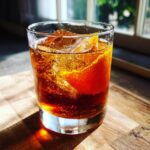 A close-up of a Bourbon old fashioned cocktail served over ice with a bright orange peel garnish.