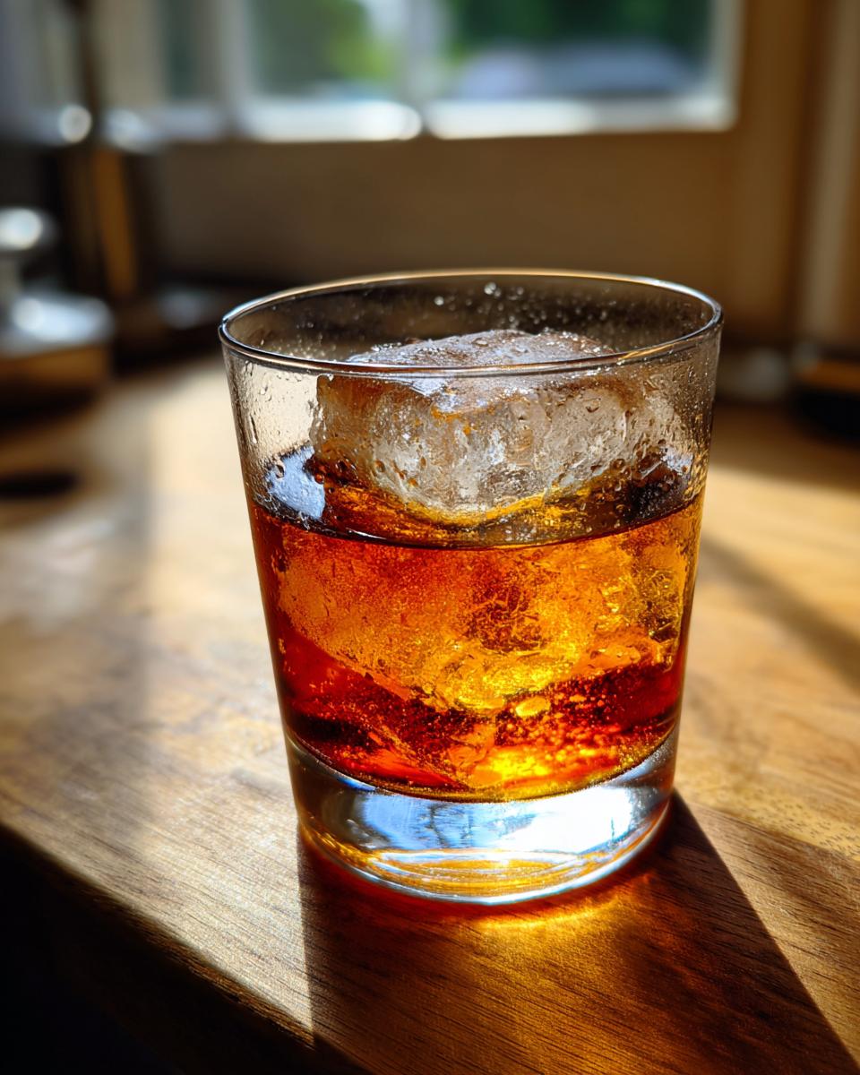 A close-up of a Bourbon old fashioned cocktail served in a rocks glass with one large, clear ice cube, sitting on a sunlit wooden surface.