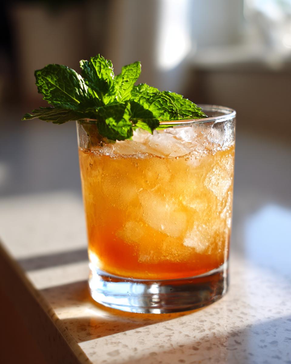 A close-up of a Bourbon peach smash cocktail served over ice, garnished with fresh mint leaves.