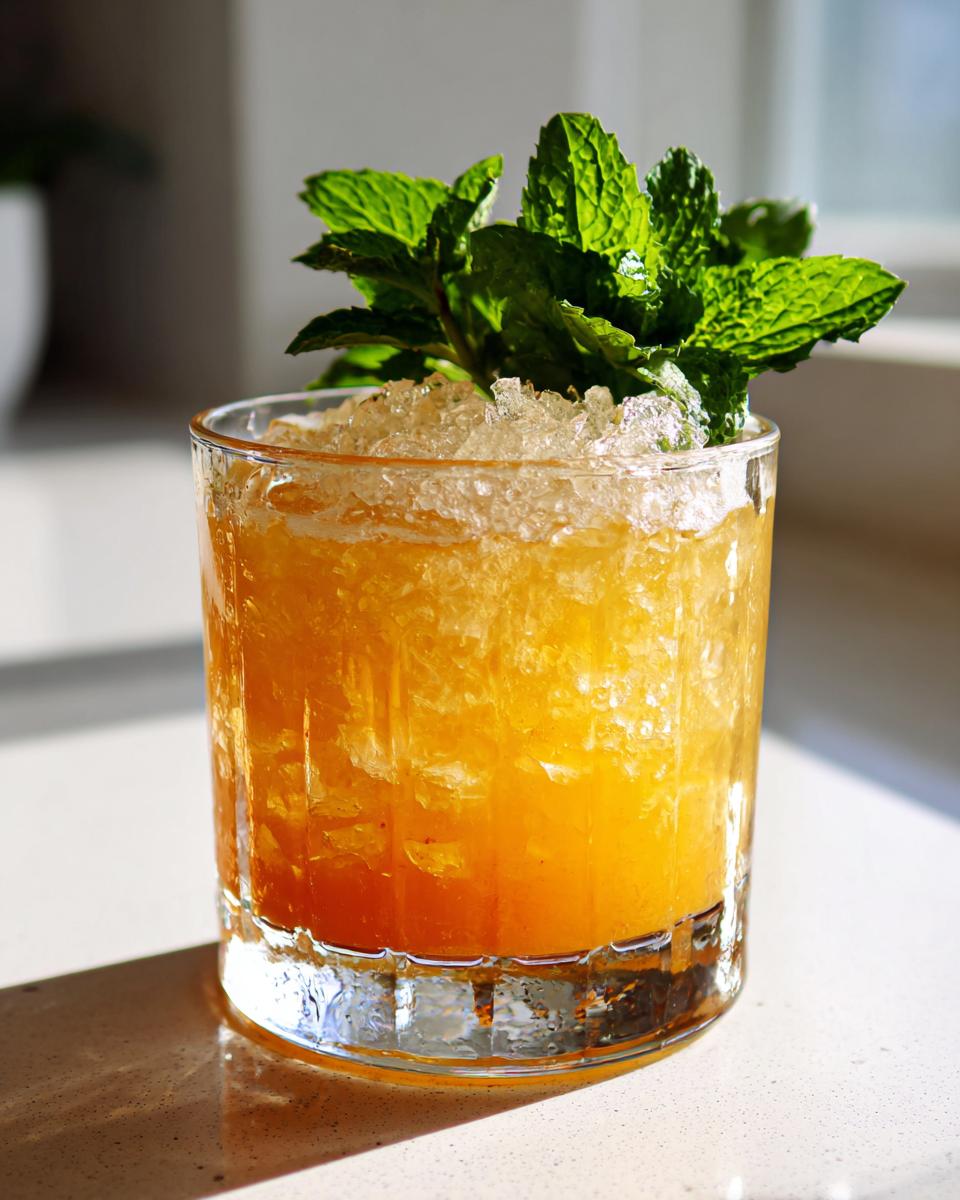 A vibrant orange Bourbon peach smash cocktail served over crushed ice and topped with a large sprig of fresh mint.