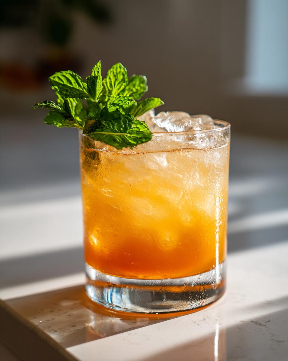 A close-up of a chilled Bourbon peach smash cocktail garnished with fresh mint leaves.